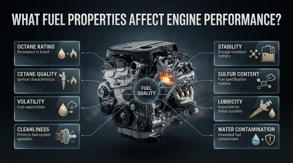 Fuel properties infographic showing octane, cetane, volatility, cleanliness, stability, sulfur, lubricity, and water contamination.