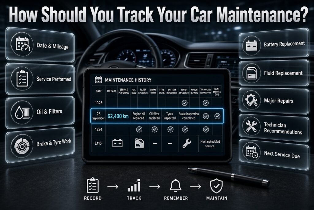 Car maintenance tracking record showing mileage, service history, repairs, tyres, fluids, and next service due.