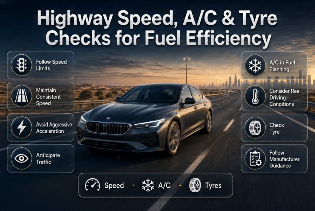 Highway fuel efficiency guide showing practical speed, air conditioning use and tyre pressure checks before a long-distance drive