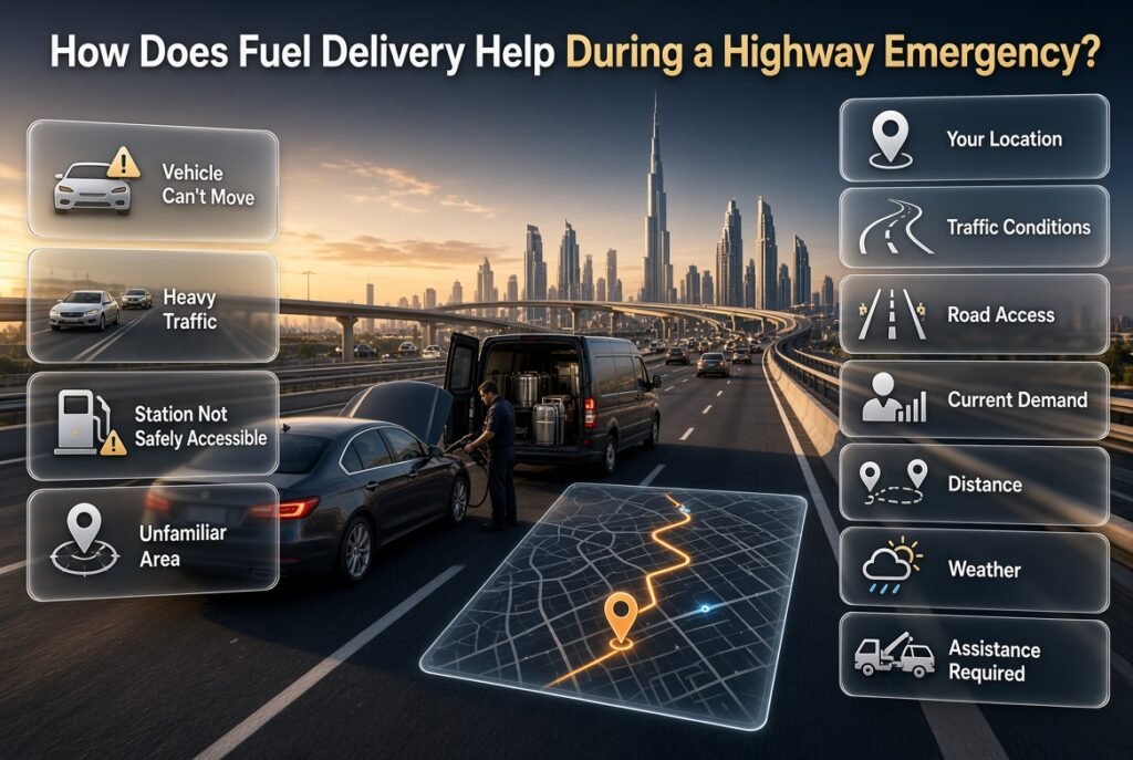 Mobile fuel delivery assisting a stranded vehicle during a highway emergency with roadside fuel support and safe vehicle access.