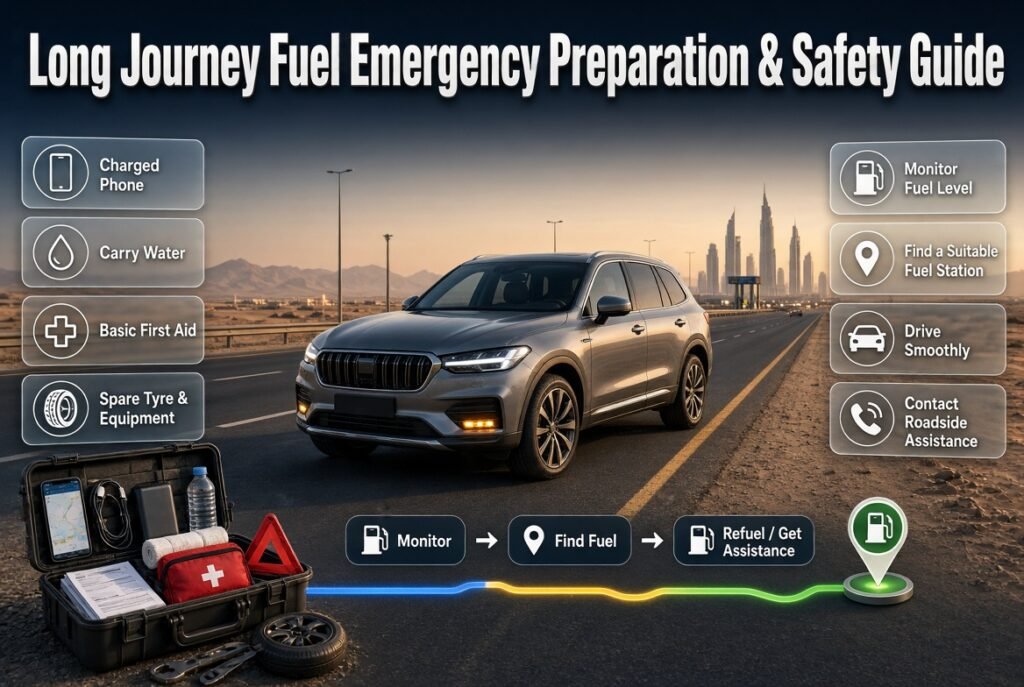 Long journey fuel emergency kit with phone, water, vehicle tools and roadside fuel assistance preparation for drivers