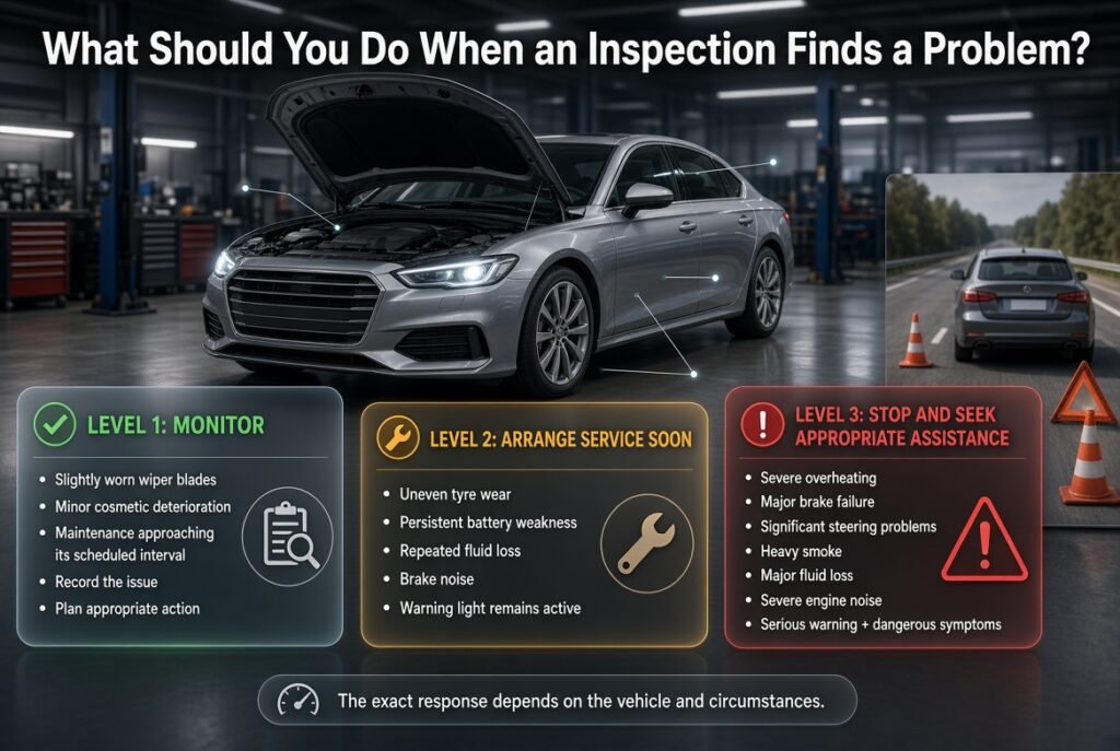 Vehicle inspection guide showing monitor, service soon, and stop driving response levels for common vehicle problems