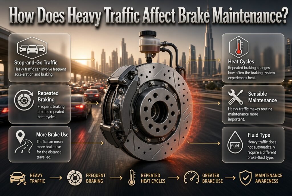 Dubai heavy traffic brake maintenance infographic showing repeated braking, heat cycles, stop-and-go driving, and routine maintenance awareness.