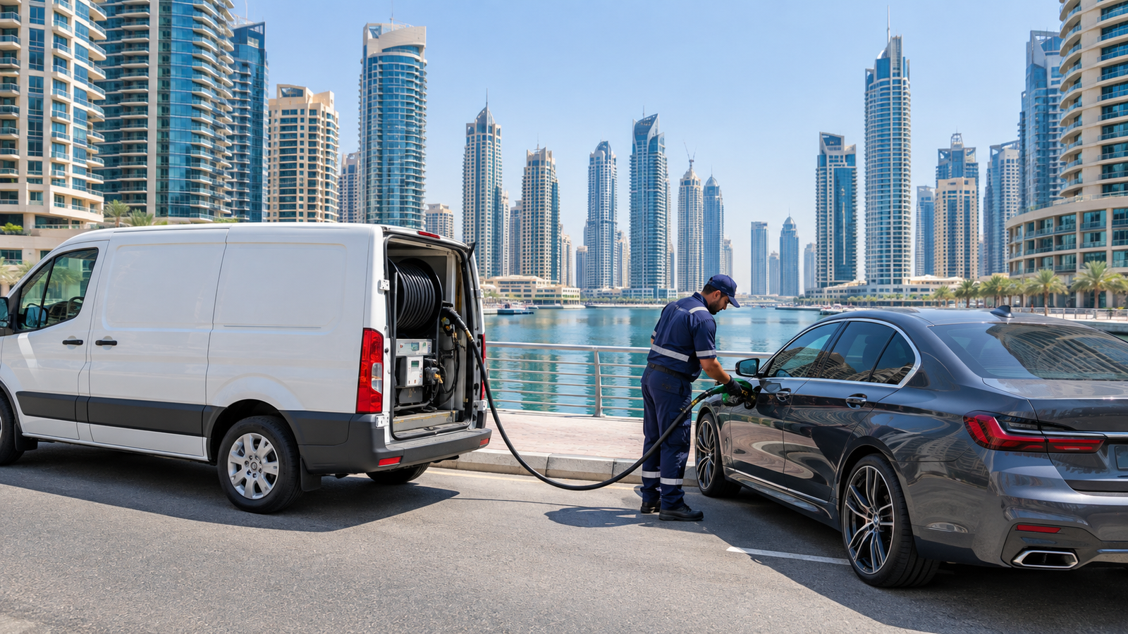 Fuel delivery technician refuelling a car beside the Dubai Marina waterfront skyline