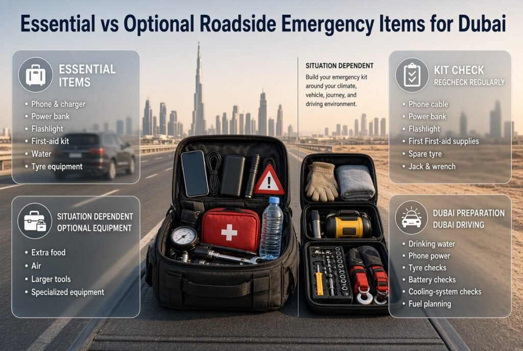 Roadside emergency kit showing essential and optional items for Dubai driving, including water, flashlight, tyre equipment and power bank.