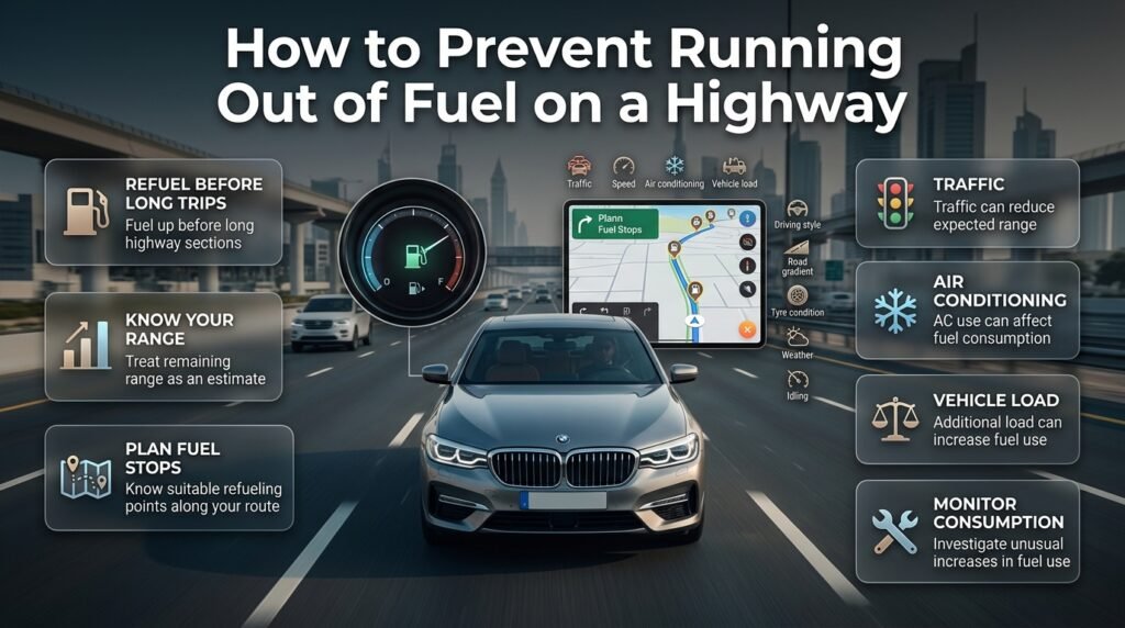 Driver checking fuel range before a highway trip while planning fuel stops and maintaining a safe reserve in the tank