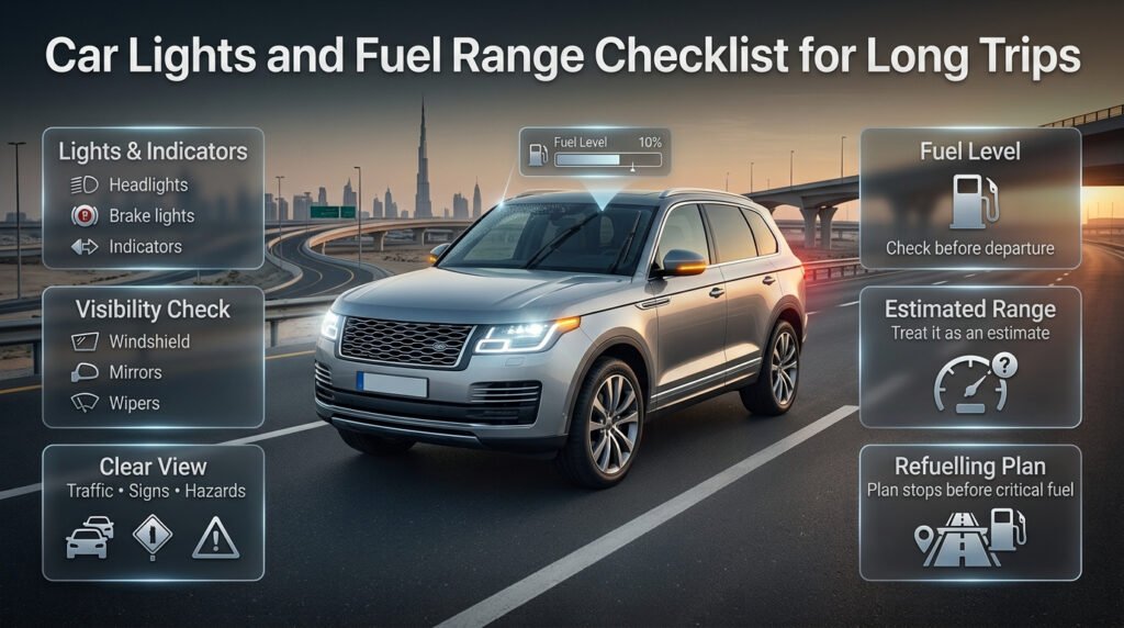 Car lights, wipers, fuel gauge, and highway preparation checklist showing visibility checks and safe fuel range planning.