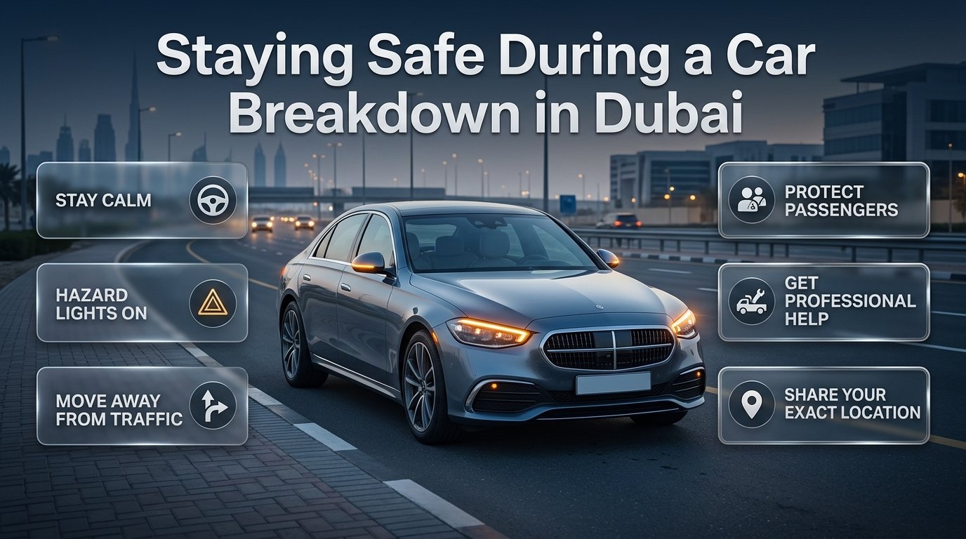 Staying safe during a car breakdown on a Dubai highway with hazard lights, roadside safety and emergency assistance Staying Safe During a Car Breakdown in Dubai