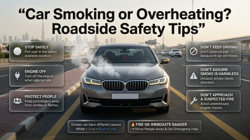 Car smoking and overheating safety guide showing hazard lights, steam, safe stopping, and emergency assistance