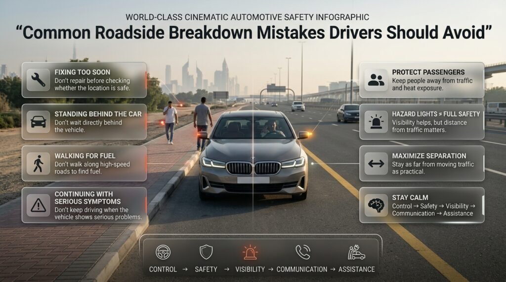 Roadside breakdown mistakes showing unsafe repairs, traffic exposure, walking for fuel, and safer emergency decisions