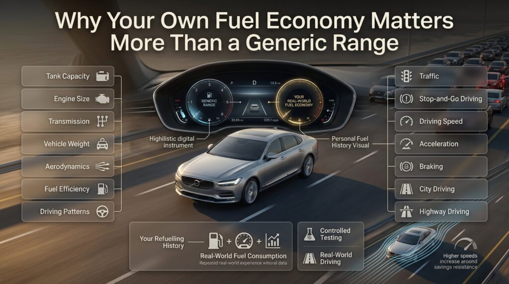 Vehicle fuel range depends on personal fuel economy, traffic, speed, vehicle weight, aerodynamics, and real-world driving conditions.