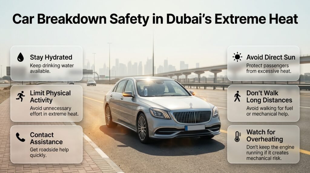 Car breakdown safety in Dubai's extreme heat showing a stranded vehicle, hydration, shade, and emergency roadside assistance.