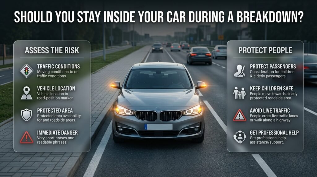 Driver deciding whether to stay inside a broken-down car while managing passenger safety near moving traffic