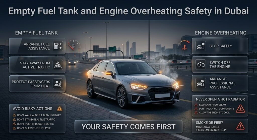 Empty fuel tank and overheating engine safety guide showing hazard lights, roadside assistance and safe breakdown response in Dubai