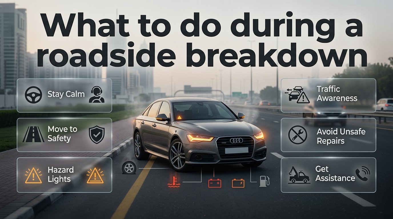 Driver safely handling a roadside breakdown with hazard lights on a Dubai road