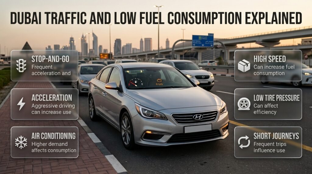 Dubai traffic with a low-fuel car showing stop-and-go driving, idling, air conditioning, and factors affecting fuel consumption.