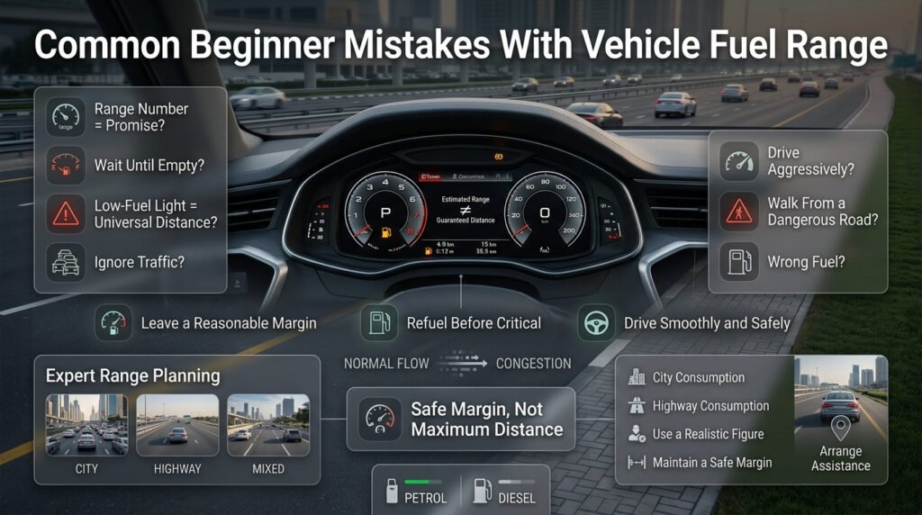 Common vehicle fuel range mistakes including trusting estimates, ignoring traffic, driving aggressively, and delaying safe refuelling.