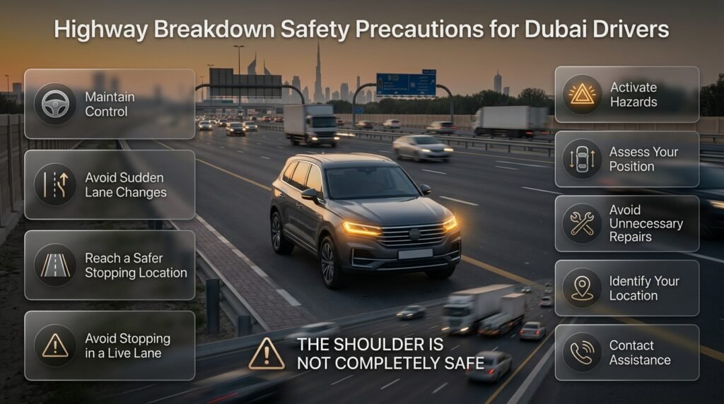Highway breakdown safety precautions in Dubai showing a stranded vehicle, hazard lights, traffic, safe stopping, and roadside assistance