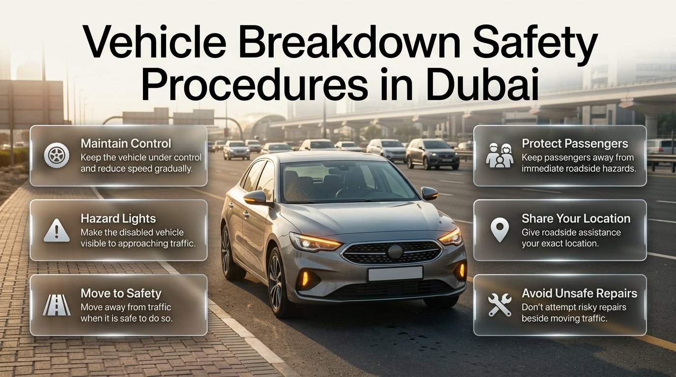 Vehicle breakdown safety procedures in Dubai showing a stranded car, hazard lights, highway traffic, and roadside safety precautions. Vehicle Breakdown Safety Procedures in Dubai