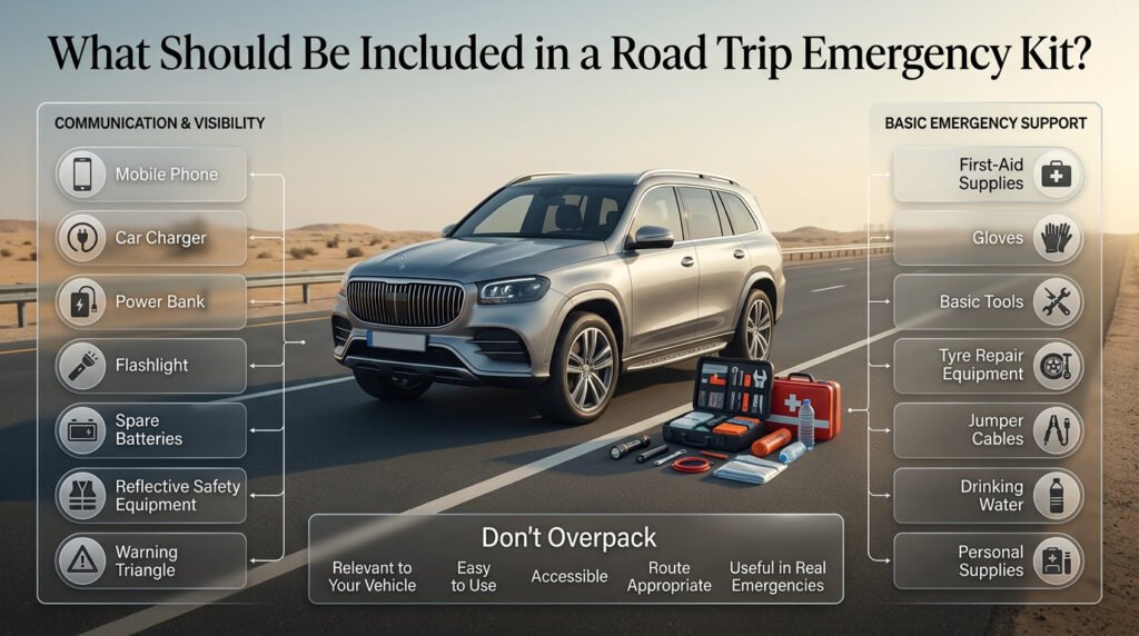 Road trip emergency kit with phone, flashlight, first-aid supplies, warning triangle, water, tools, and safety equipment