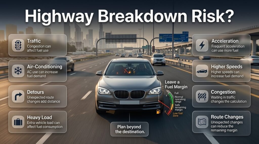 Highway breakdown risk infographic showing fuel planning, traffic, air-conditioning, detours, heavy loads, and low fuel warning.
