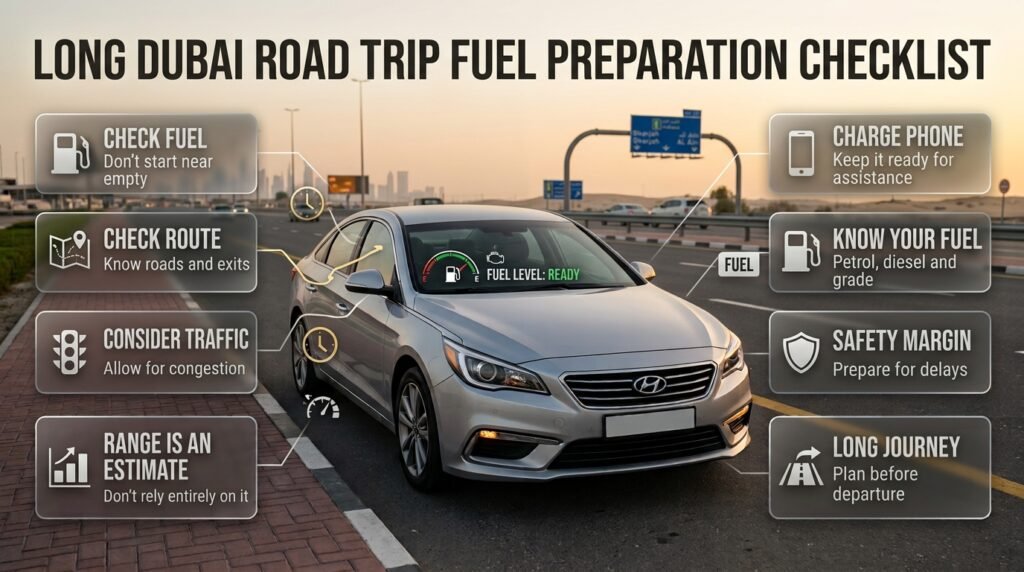 Dubai road trip preparation checklist showing fuel, route planning, traffic, phone, fuel type, and safety margin before departure.