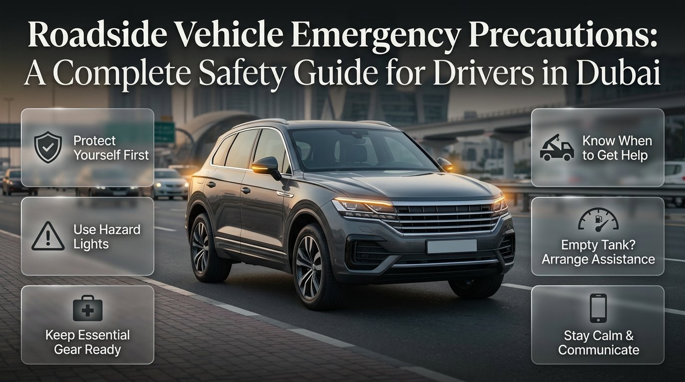 Roadside vehicle emergency precautions in Dubai with a stranded car, hazard lights, safety equipment, and emergency assistance Roadside Vehicle Emergency Precautions in Dubai