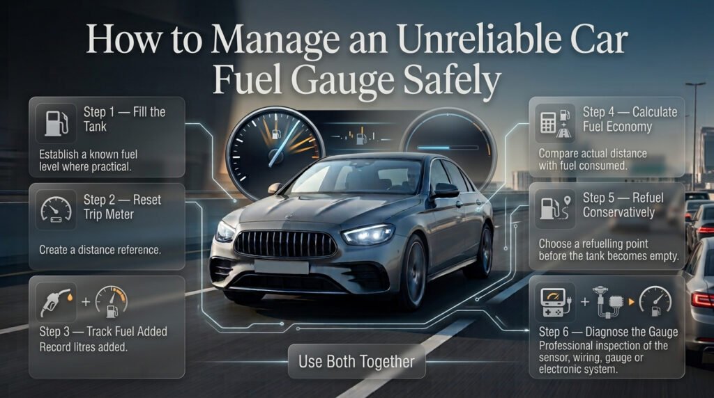 Steps for managing an unreliable car fuel gauge using trip distance, fuel records, economy tracking and diagnosis