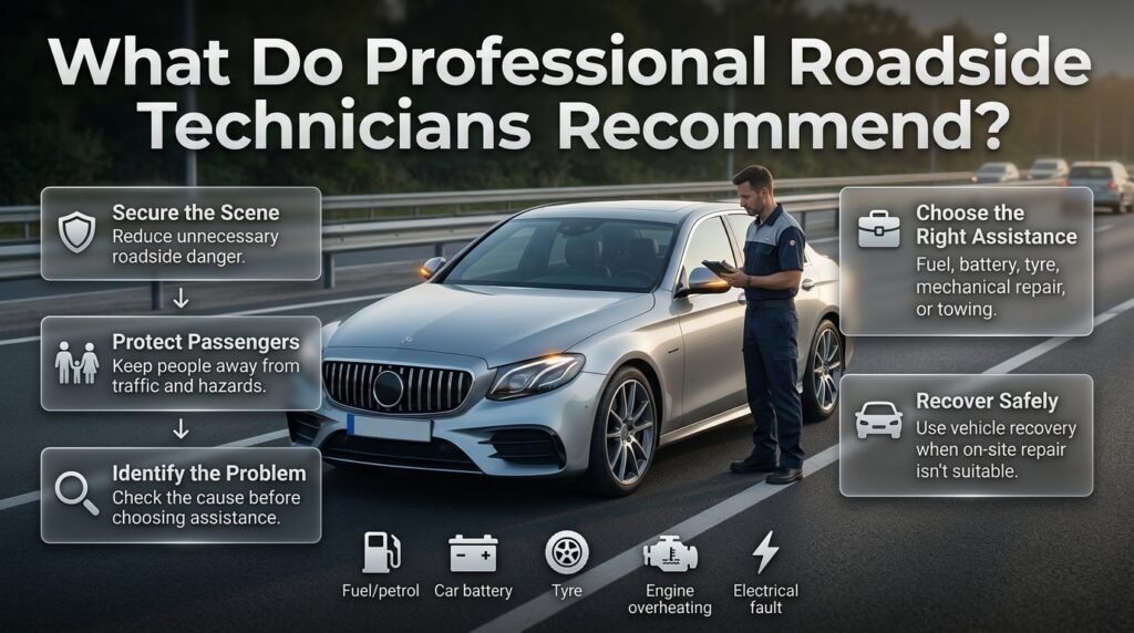 Professional roadside technician assessing a broken-down car while prioritizing passenger safety, vehicle diagnosis, and safe recovery.
