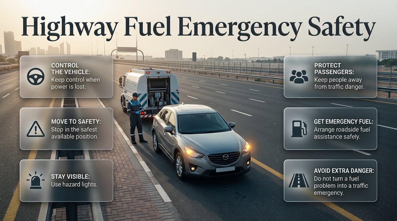 Highway fuel emergency safety guide showing a stranded car, hazard lights, safe stopping, passengers, and emergency fuel assistance. Highway Fuel Emergency Safety: Safe Roadside Response Guide