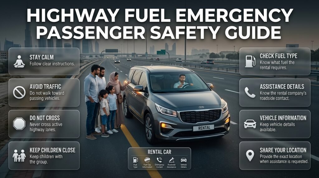 Passengers staying together and following safety instructions during a highway fuel emergency while waiting for roadside assistance