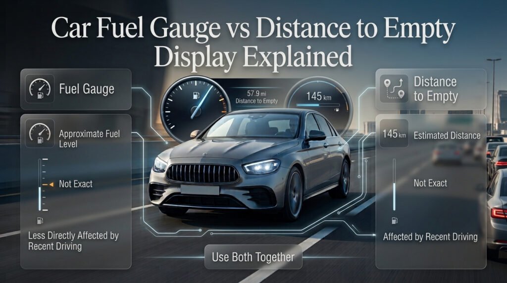 Car fuel gauge and distance-to-empty display comparison showing estimated fuel level and remaining driving range