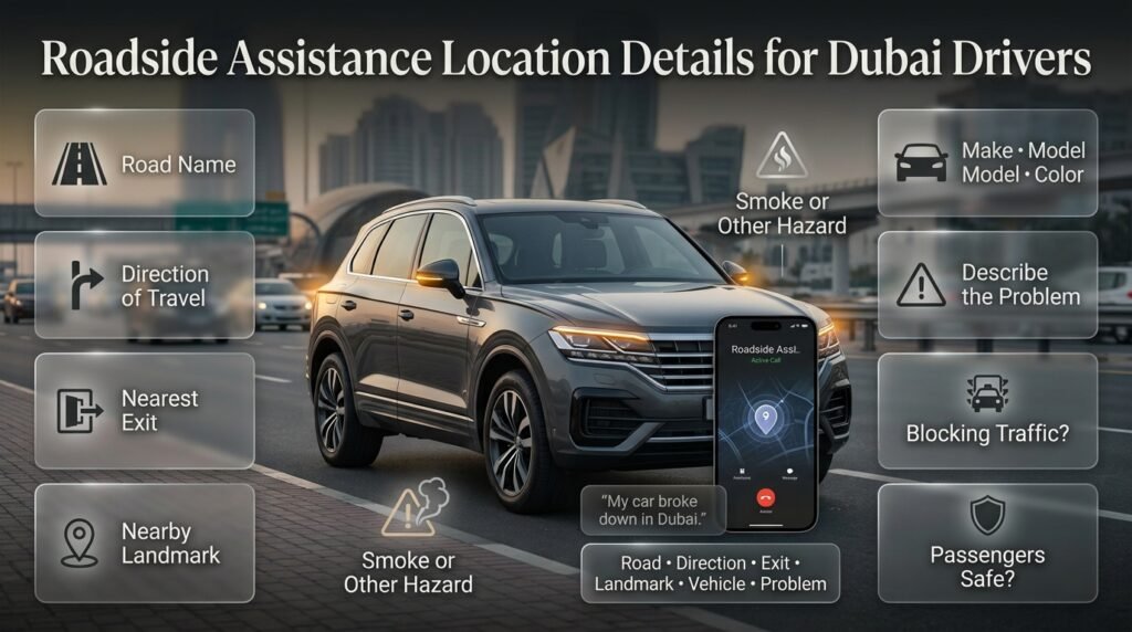 Roadside assistance location details in Dubai showing a stranded car, road direction, exit, landmark, vehicle details, and emergency information