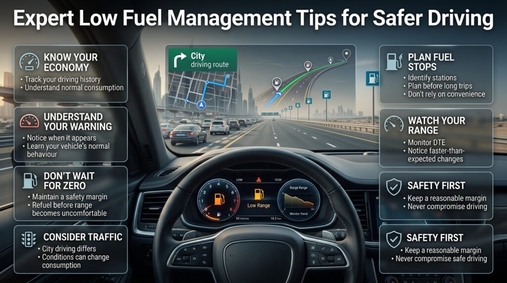 Driver monitoring fuel range and planning refuelling stops while maintaining a safe margin during city and highway driving.