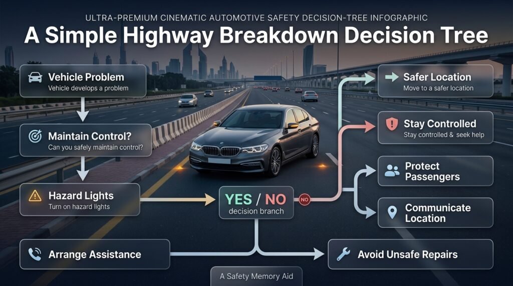 Highway breakdown decision tree showing hazard lights, safer location, passenger protection, location sharing, and roadside assistance.