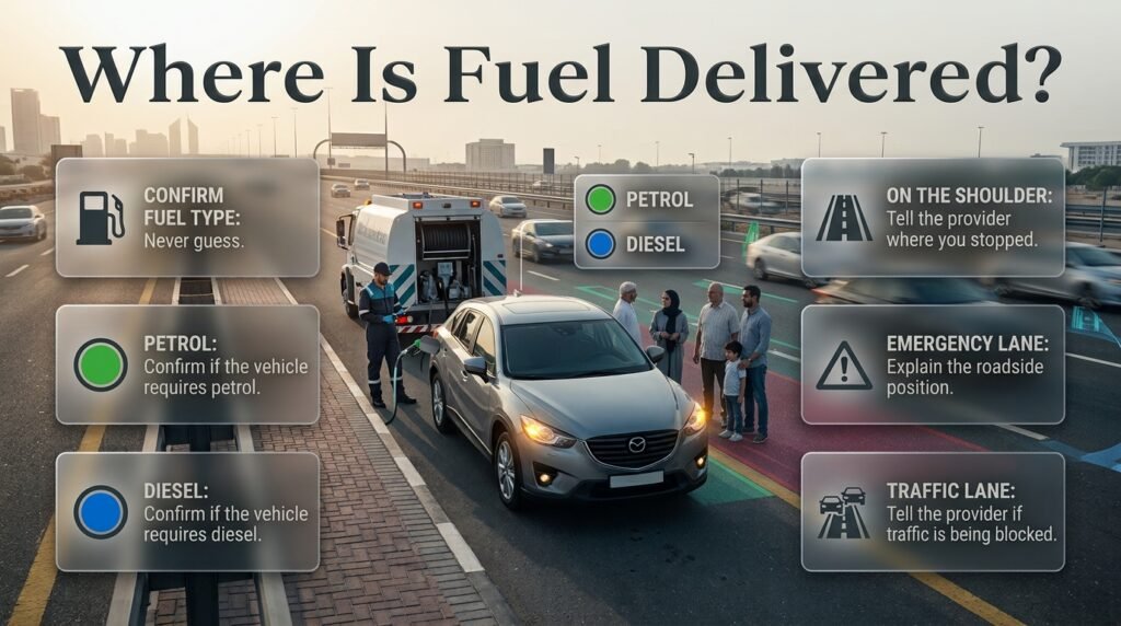 Emergency fuel delivery guide showing petrol or diesel verification and safe roadside vehicle positioning before assistance arrives.