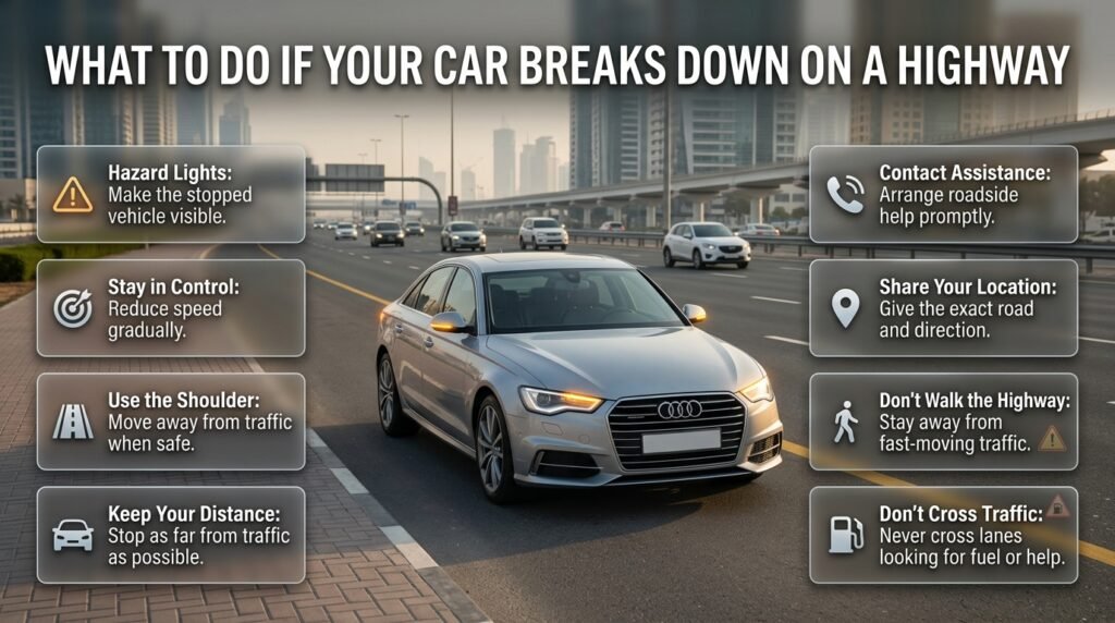 Highway breakdown safety guide showing a stopped car with hazard lights, safe shoulder positioning, and roadside assistance.