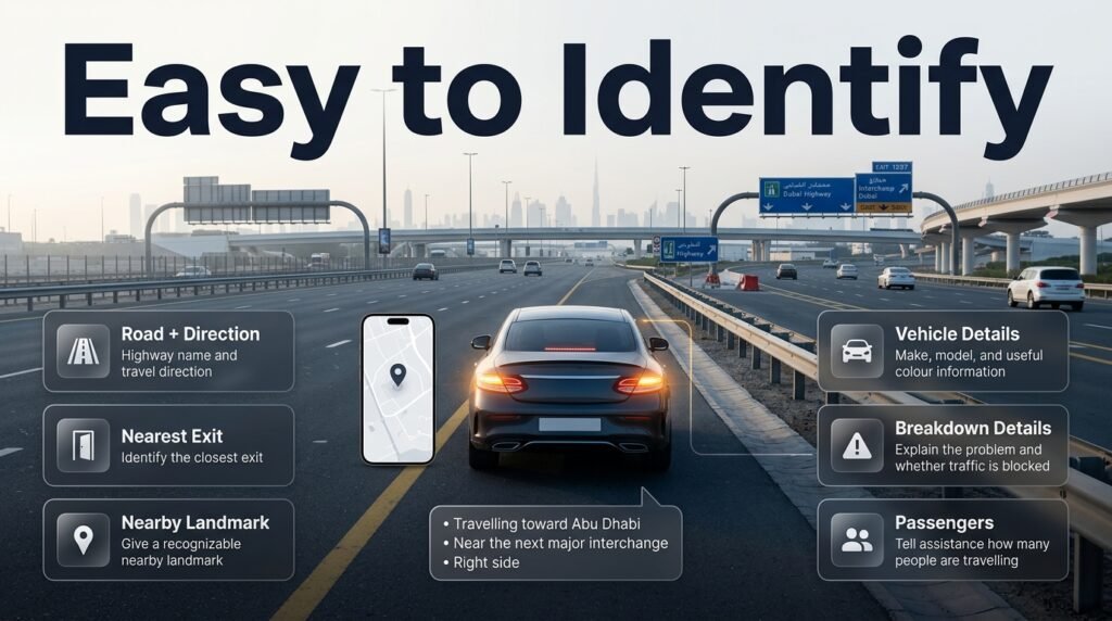Highway breakdown location guide showing a stopped car, road direction, exit, landmark, and location details for roadside assistance.