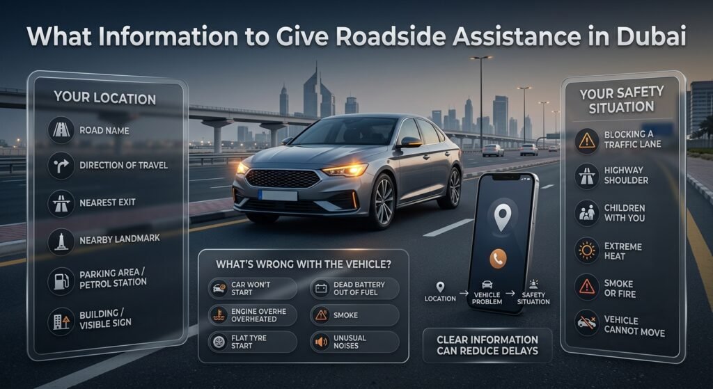 Roadside assistance communication guide showing location, vehicle problem, safety situation and emergency breakdown details in Dubai