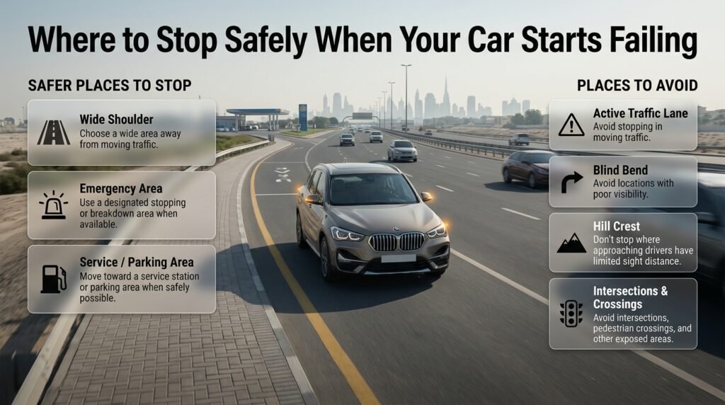 Safe roadside stopping tips showing a failing car, wide shoulder, traffic lanes, and dangerous stopping locations