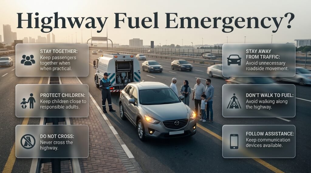 Highway passenger safety guide showing stranded car, safe passengers, traffic danger, and emergency fuel assistance on a Dubai highway.