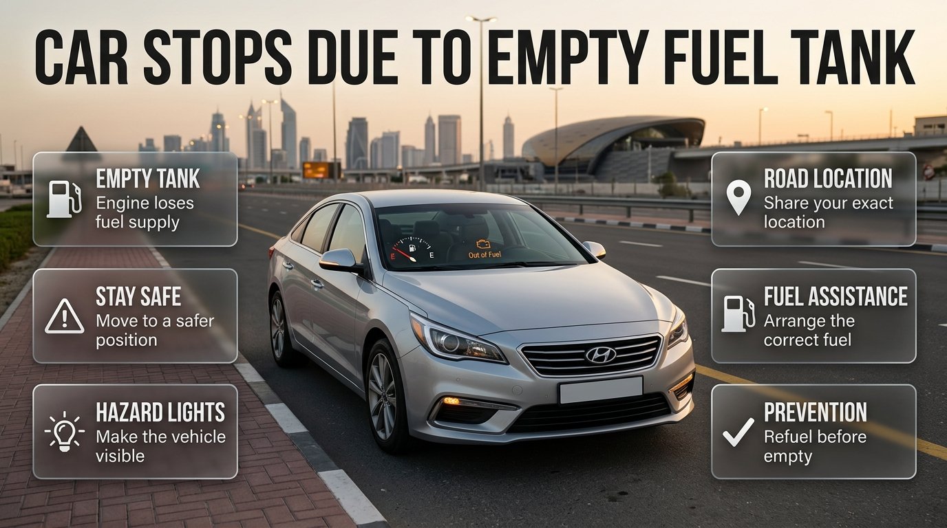 Car stopped with an empty fuel tank on a Dubai road, showing an urgent roadside fuel delivery situation and safety response. Car Stops Due to Empty Fuel Tank in Dubai