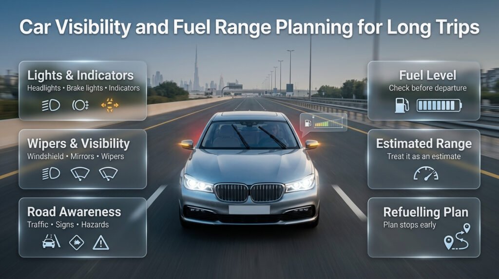 Modern car on a UAE highway showing working lights, clear wipers, fuel gauge, estimated range, and refuelling planning.