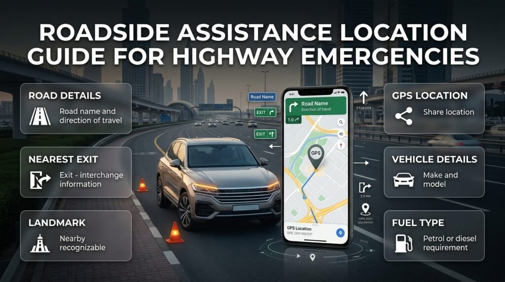 Driver sharing GPS location, road direction, exit, and vehicle details with roadside assistance during a highway emergency