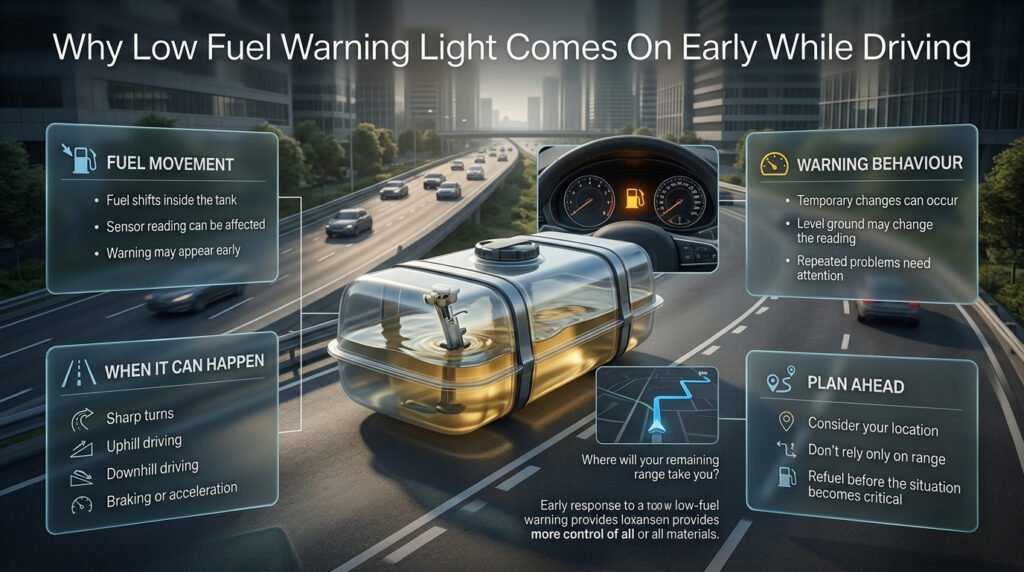 Low fuel warning light appearing during a turn or incline as fuel moves inside the tank and affects the fuel-level sensor reading.