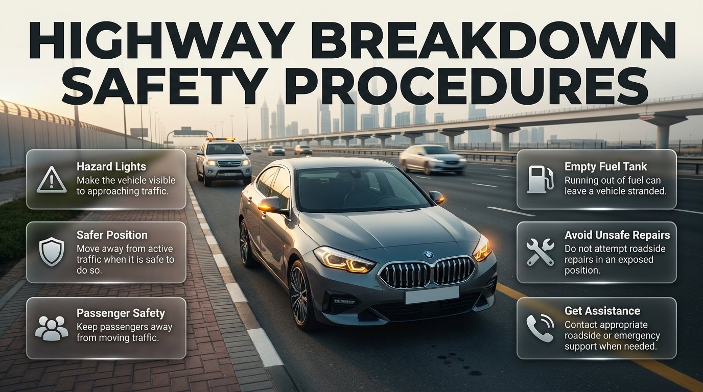 Highway breakdown safety procedures showing a stopped car, warning lights, safety barrier, and roadside assistance on a Dubai highway. Highway Breakdown Safety Procedures for Dubai Drivers