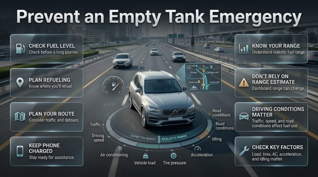 Highway fuel planning guide showing a prepared driver, fuel gauge, route planning, and factors that affect vehicle fuel range.