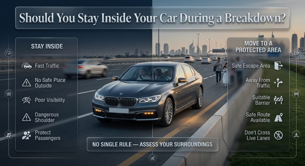 Car breakdown safety showing when to stay inside or leave a vehicle near traffic and move to a protected roadside area