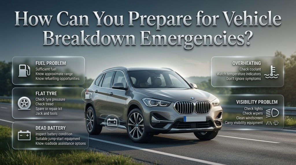 Vehicle breakdown emergency preparation with fuel, tyre, battery, overheating, and visibility safety checks for drivers.