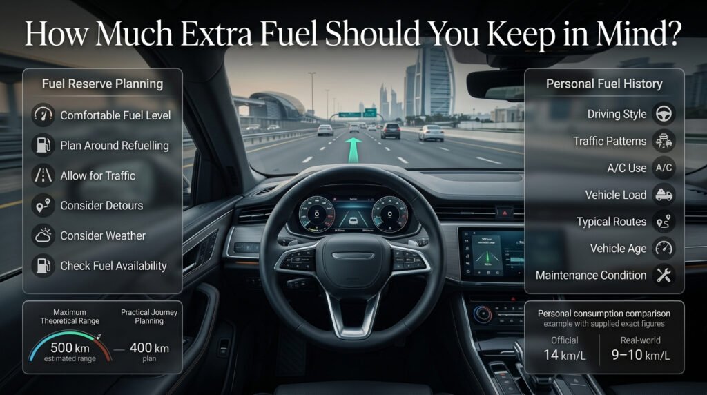 Driver planning a safe fuel reserve using real-world fuel consumption, traffic, A/C use, vehicle load, and route conditions.